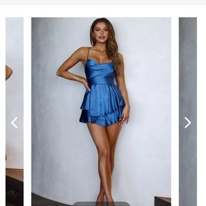 Mon Cherie Cowl Neckline Lace Up Back Romper in Navy